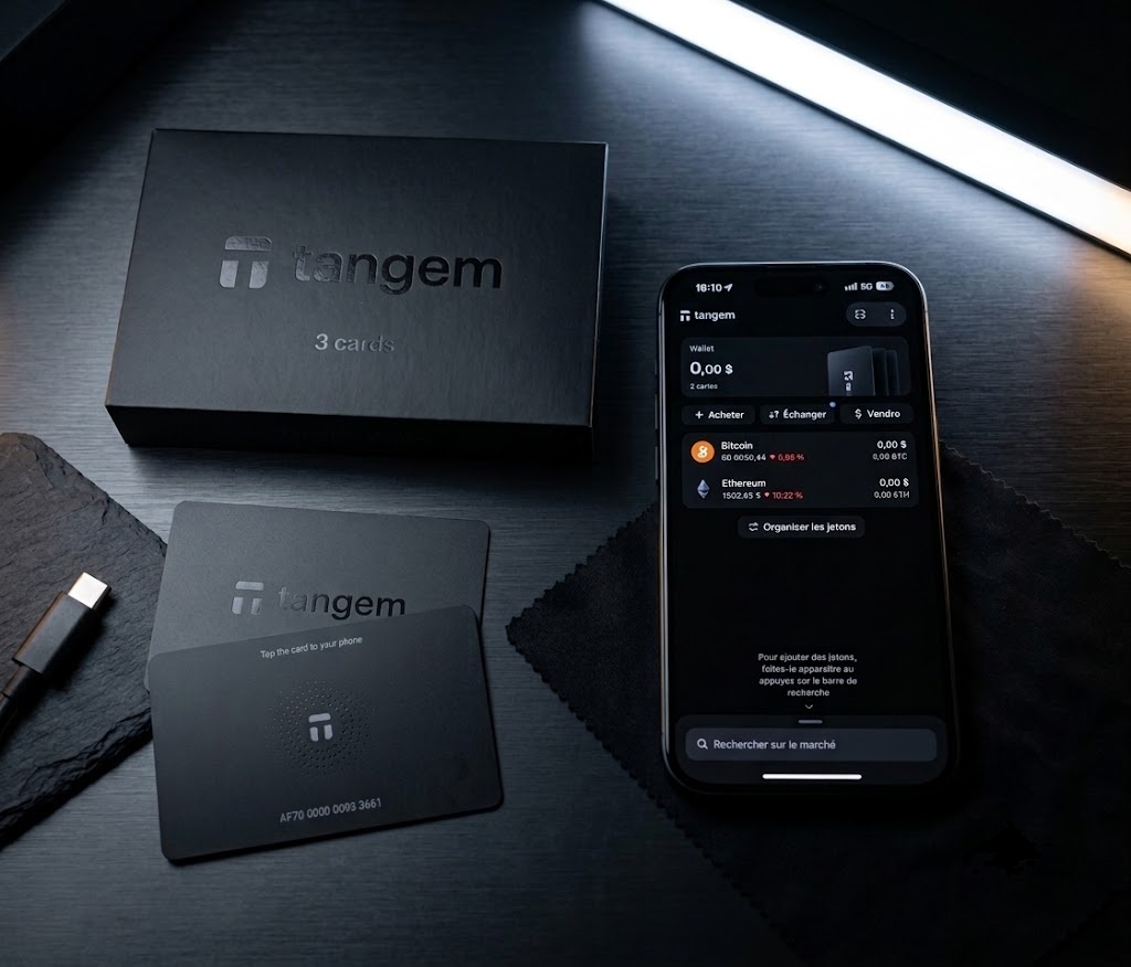 Tangem hardware wallet card and mobile application.
