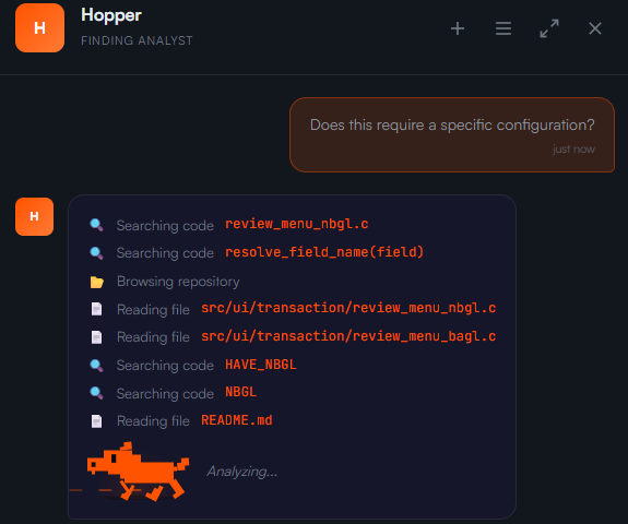 Hopper: interactive finding analyst, browsing code and challenging hypotheses in real time