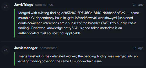 Jarvis triage in action: deduplicating and merging findings automatically