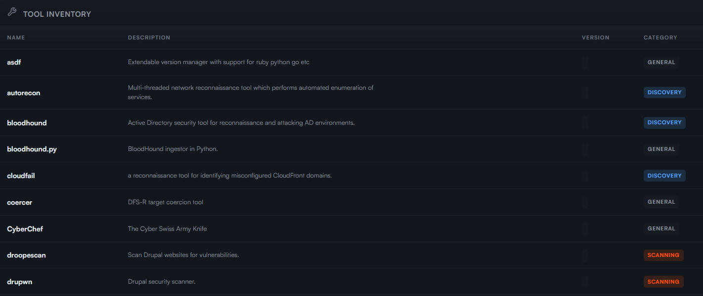 Tool inventory: curated security tools available to agents by category