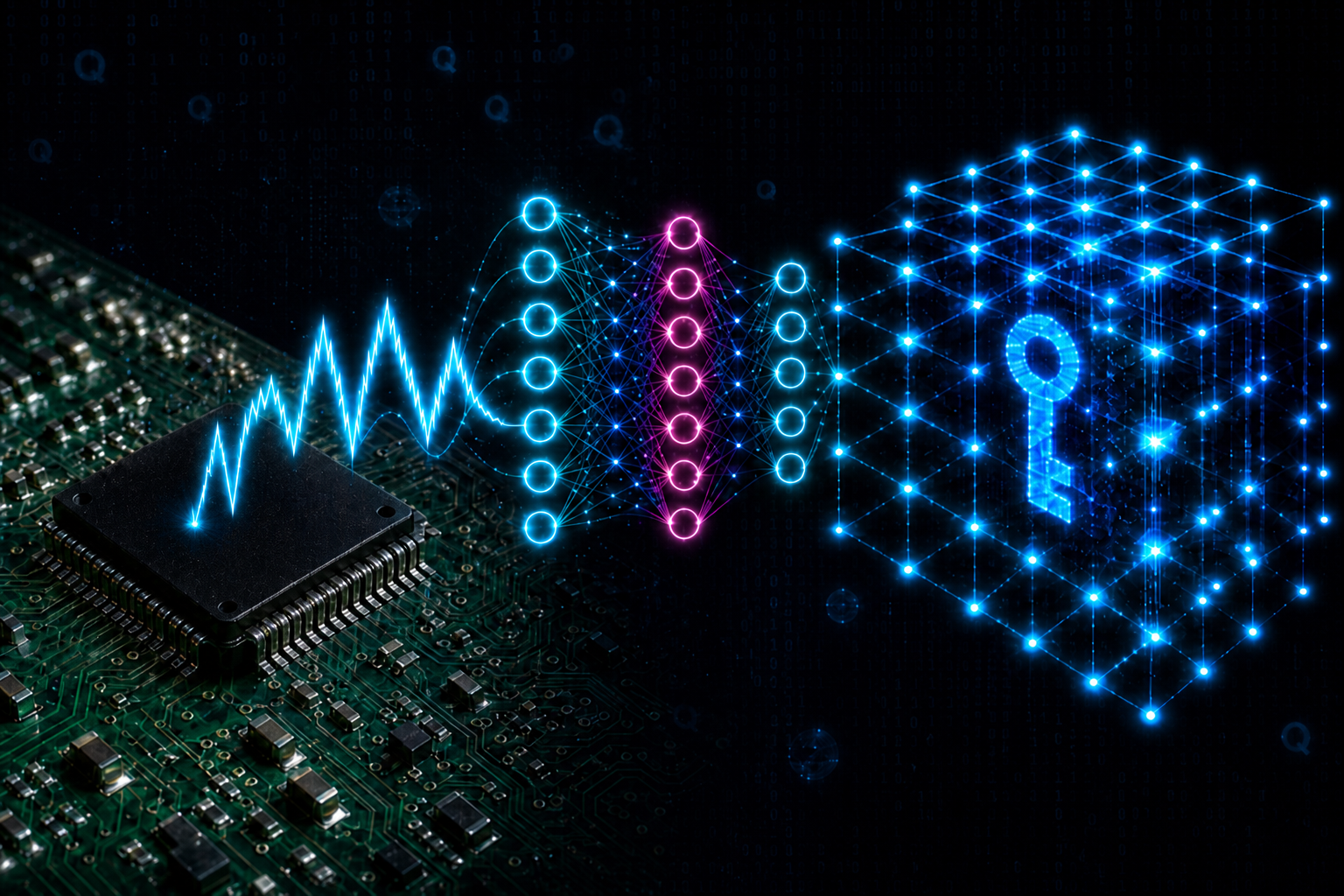 A chip leaking an electromagnetic signal that feeds a small neural network, which in turn recovers a secret key — the non-profiled deep learning side-channel attack on ML-KEM in one picture.