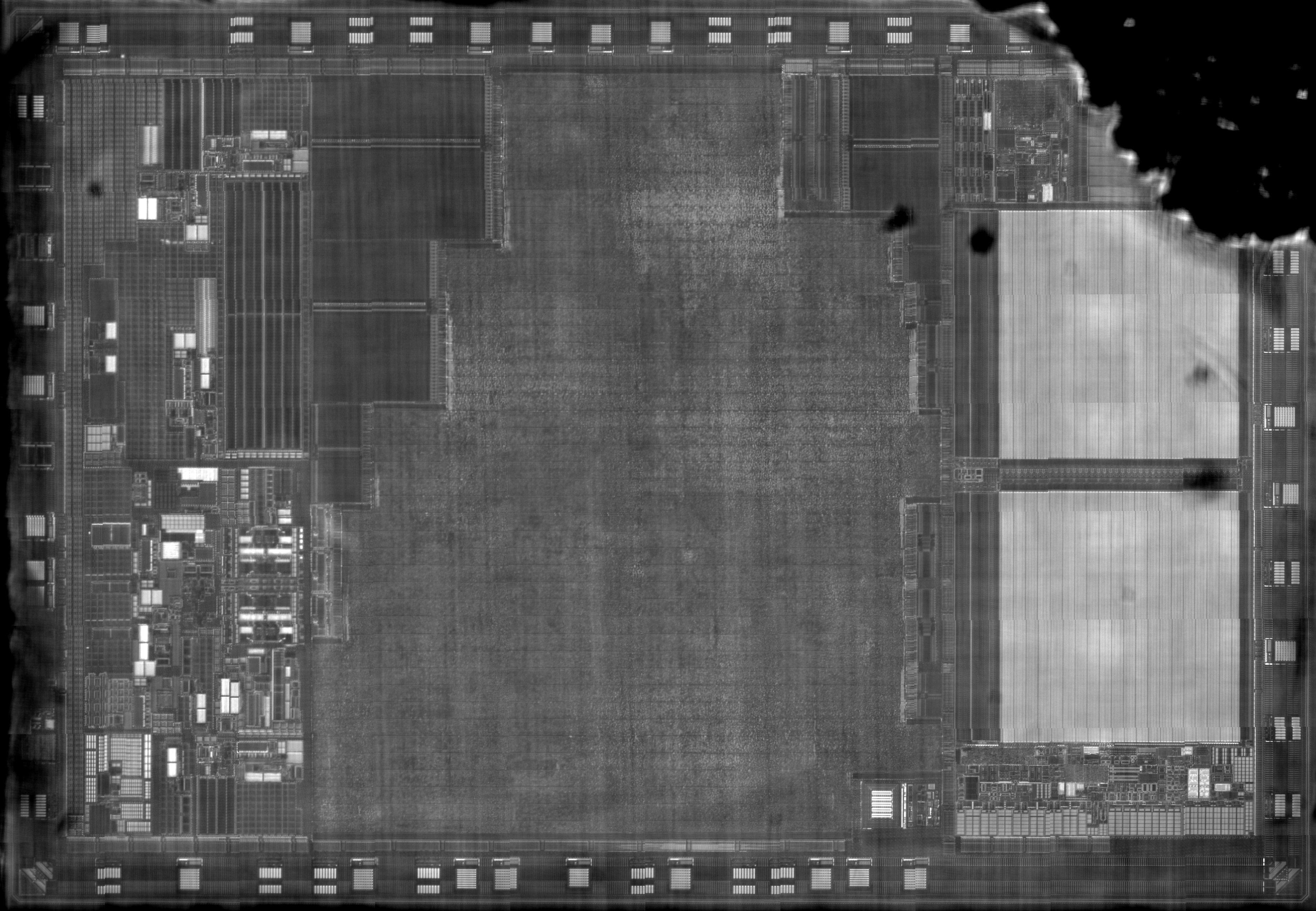Backside infrared image of the exposed TROPIC01 die after opening the QFN package. The upper right corner is dark because we accidentally chipped the silicon there during sample preparation.